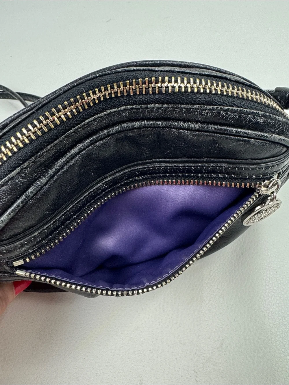 Coach Poppy Black Leather Crossbody with Silver zip & Charm purple lining